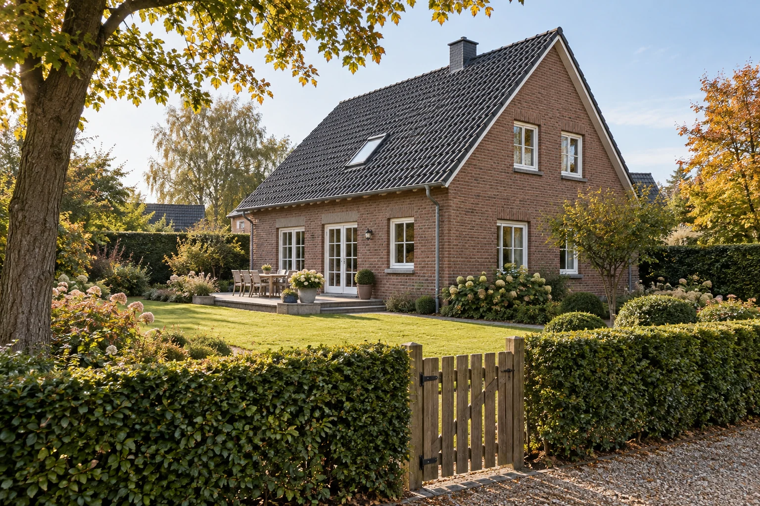 Niederrheinisches Backsteinhaus mit Ziegeldach, gepflegtem Garten und niedriger Hecke mit Holztor.